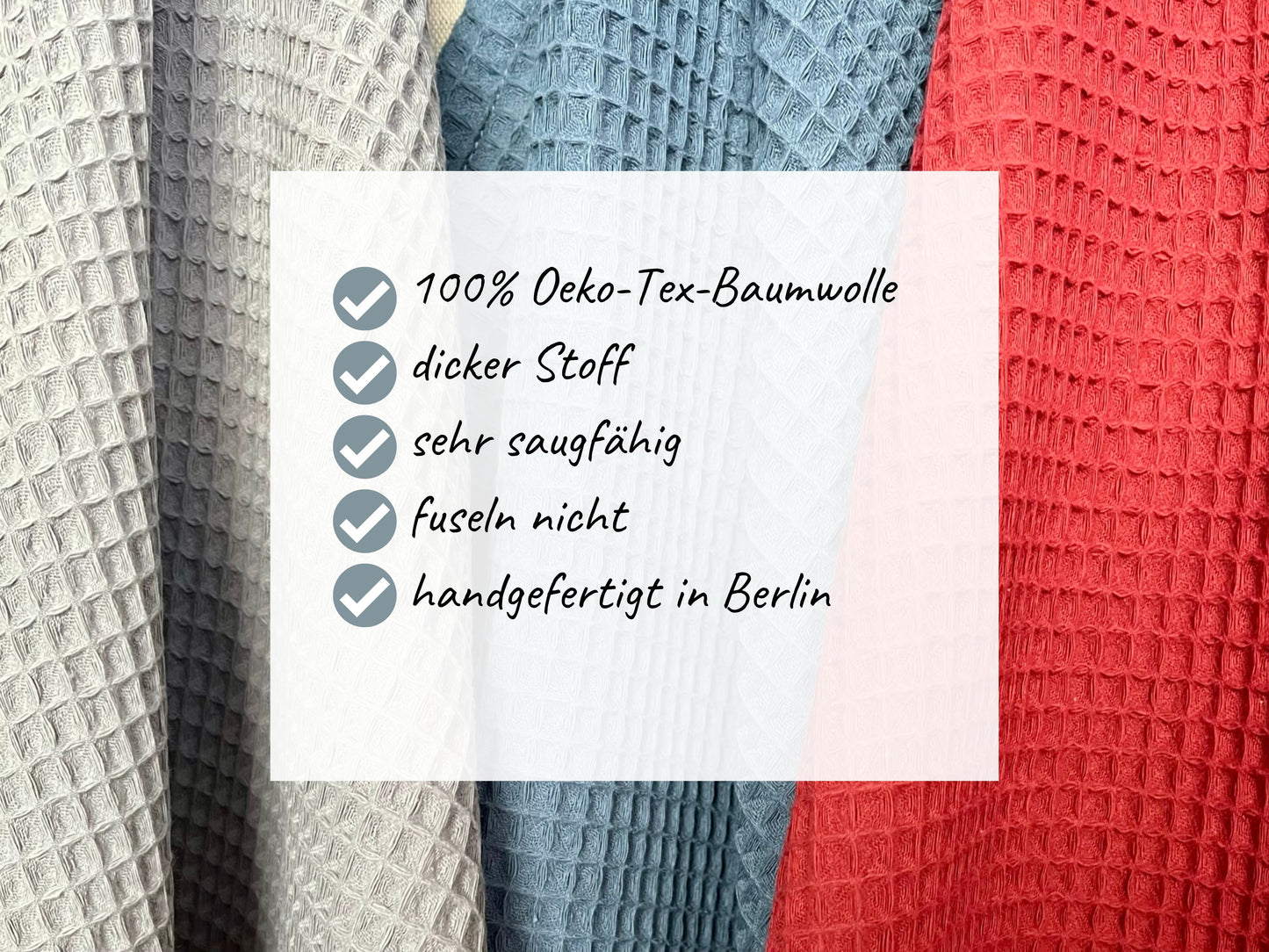 Geschirrtuch Waffelpiqué aus 100% Öko-Tex-zertifizierter Baumwolle, sehr saugfähig und fuselt nicht, handgefertigt in Berlin